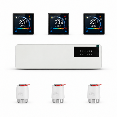 Sistem automatizare incalzire in pardoseala 3 zone centru  comanda , 3 termostate inteligente cu fir OCVITEH OVT SS600 controlate prin Internet,4 actuatoare