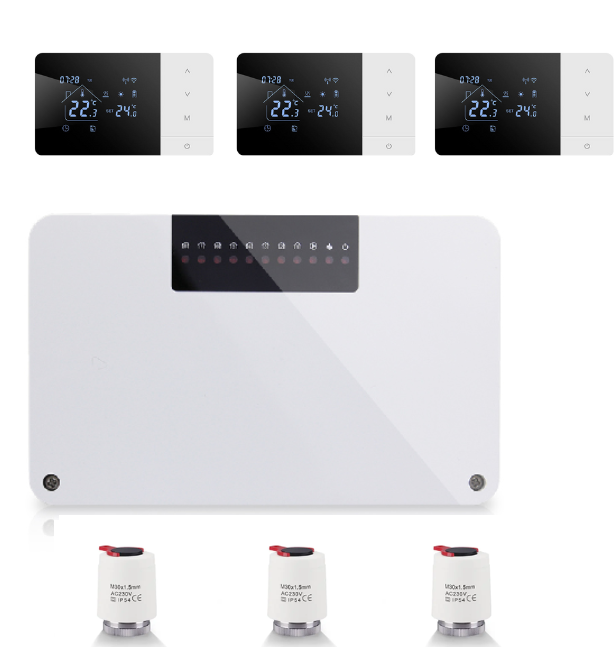 Sistem automatizare 3 zone incalzire in pardoseala OCVITEH  OVT-BK03-506  wireless controlat prin Internet centru comanda,3 termostate inteligente WIFI control prin Internet,3 actuatoare