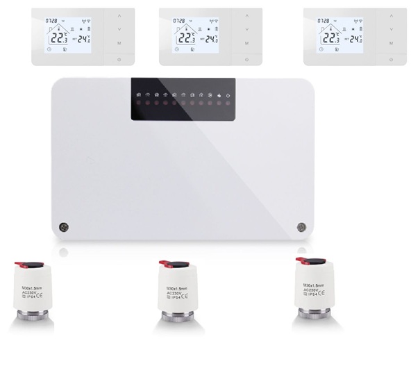 Sistem automatizare 3 zone incalzire in pardoseala OCVITEH  OVT-BK03-506W  wireless centru comanda incalzire pardoseala ,3 termostate inteligente WIFI control prin Internet OVT506W-WIFI,3 actuatoare